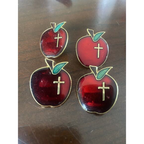 Red Apple Cross Pin Lapel Enamel Religious 2002 Award Lot Of 4 - Picture 1 of 3